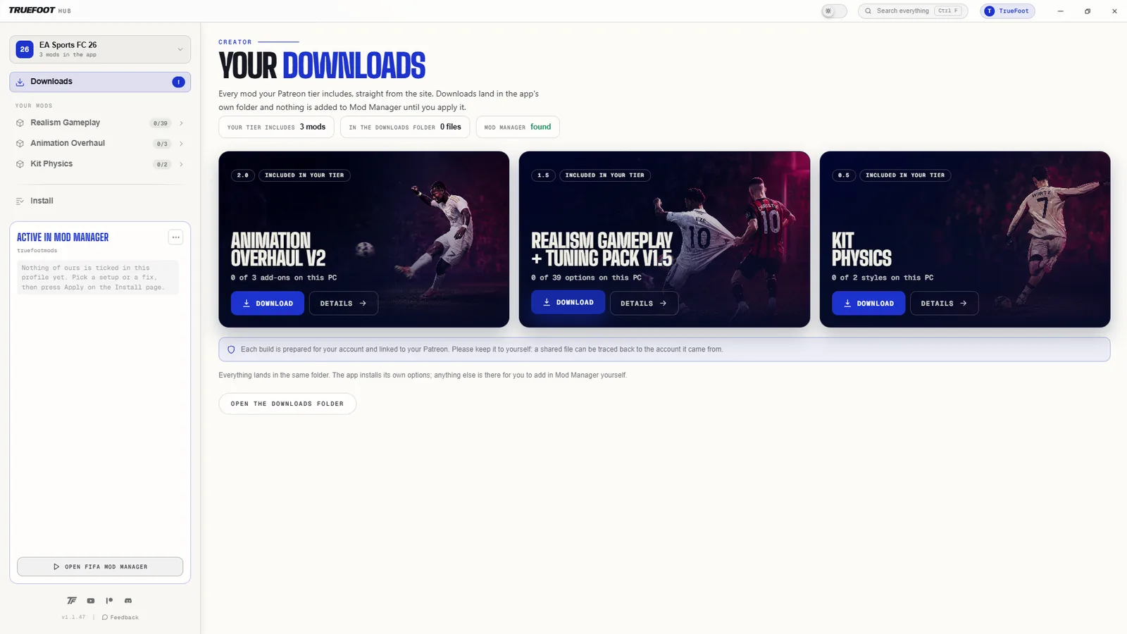The Downloads page with mod cards showing which build is on this PC.