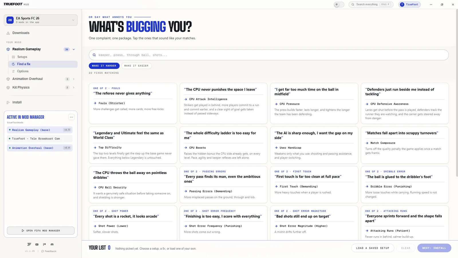 The Find a fix page, showing complaints about the game matched to packages.