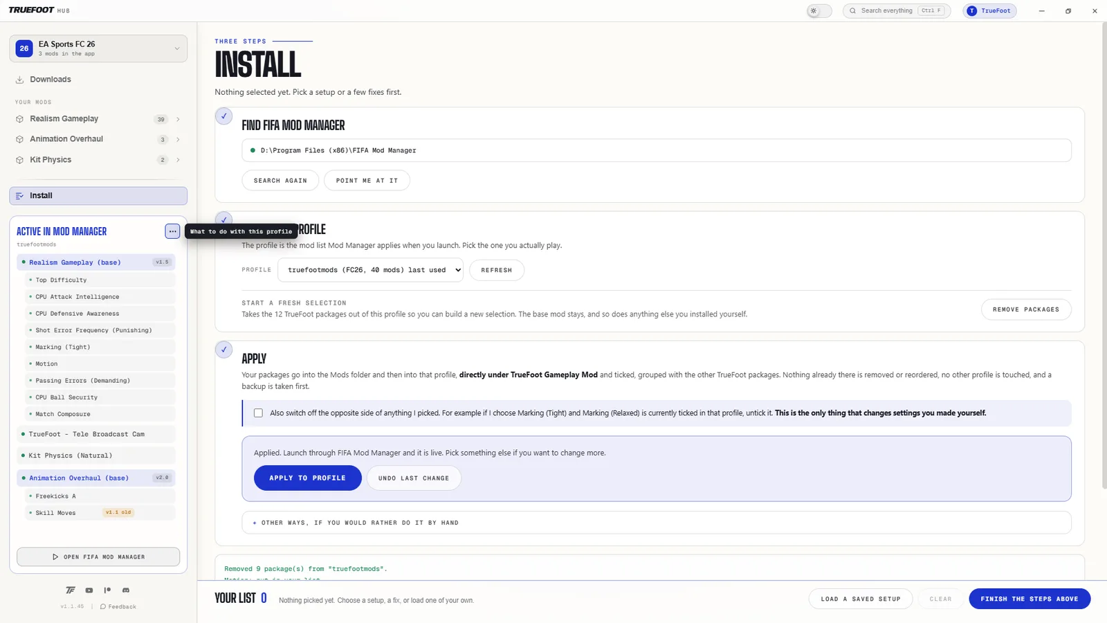 The Apply step, explaining exactly what will be written to the profile.