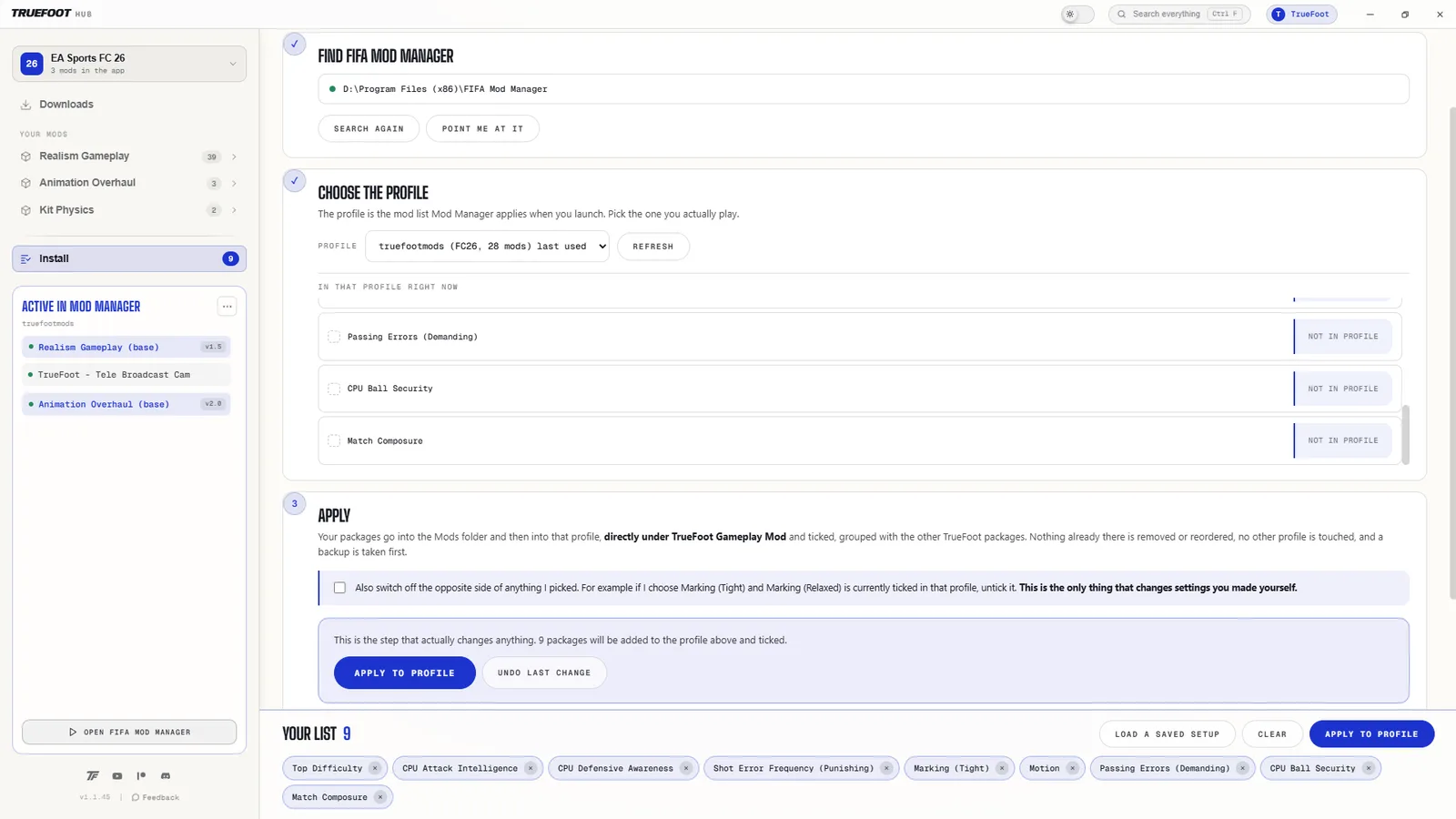 The Install page: find Mod Manager, choose the profile, apply.