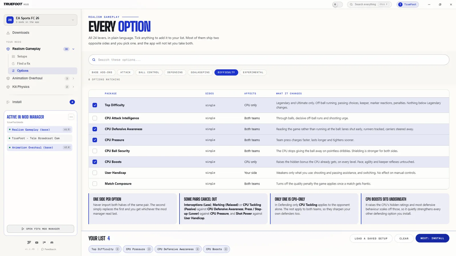 The Options table, listing every package with what it changes and which side it affects.