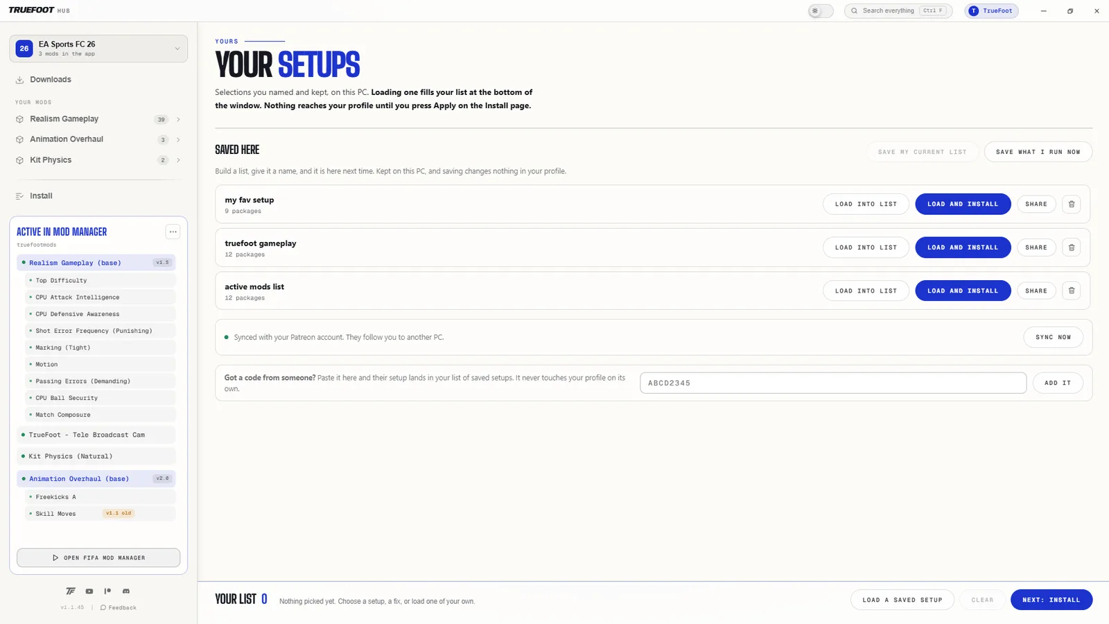 The saved setups page, with named lists that can be loaded or shared.