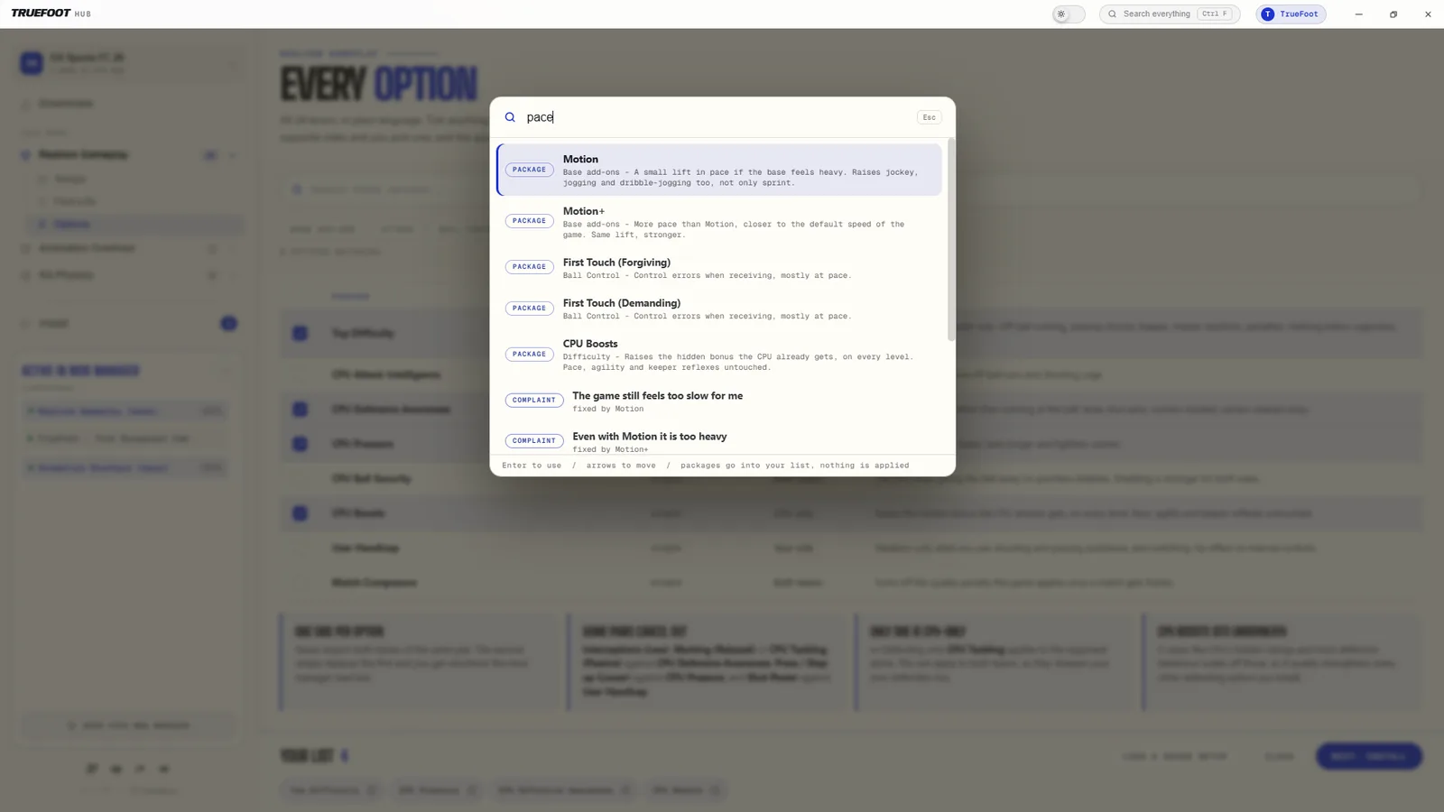 The search overlay opened with Ctrl F, matching packages and complaints.