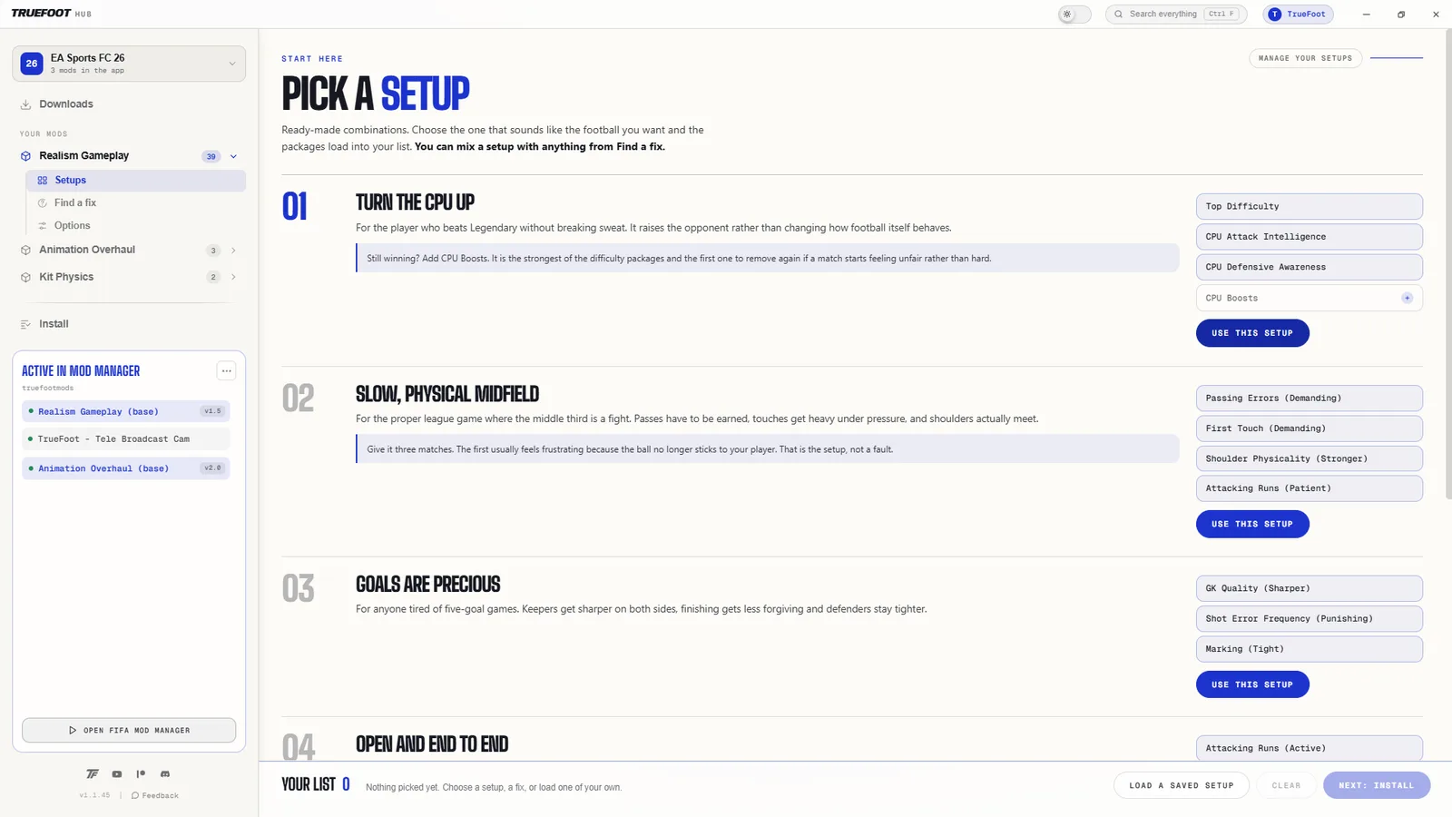 The Setups page in TrueFoot Hub, listing ready-made add-on combinations.